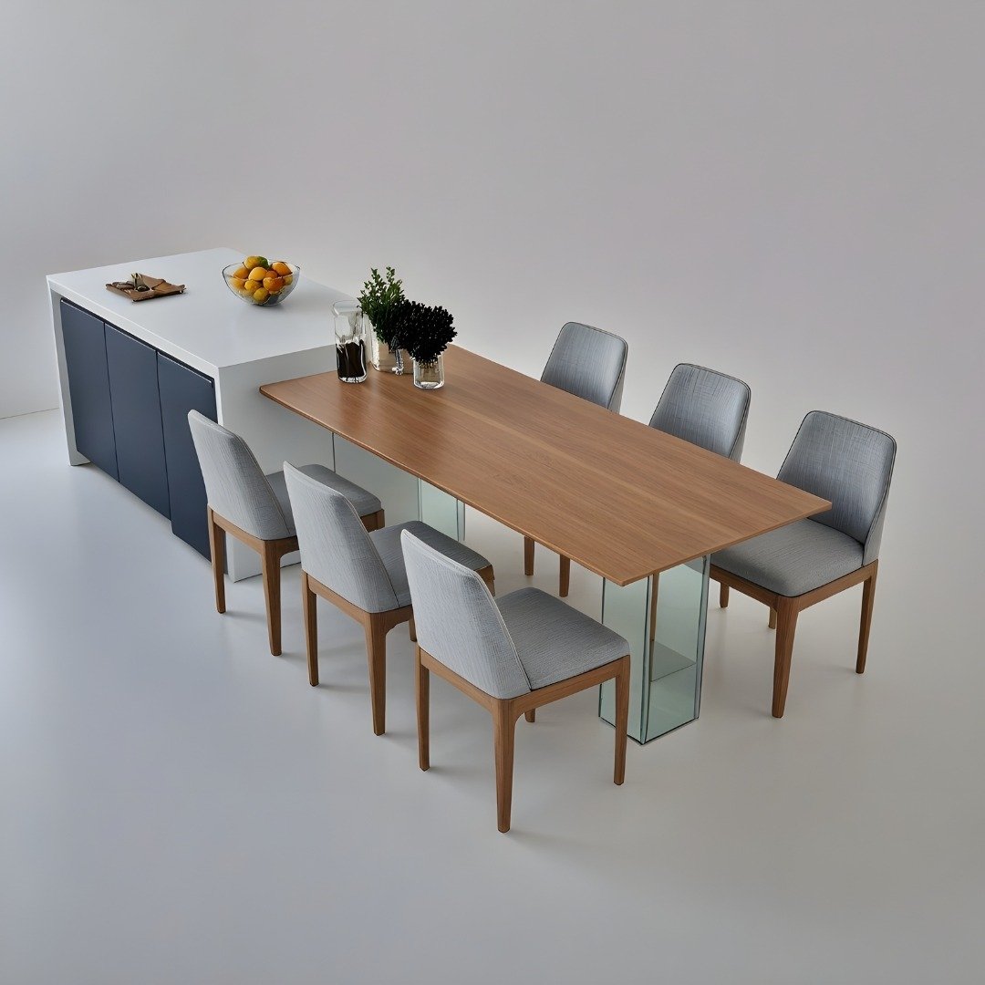 Dining table reference — Wood Table with Grey Chairs and Kitchen Island
