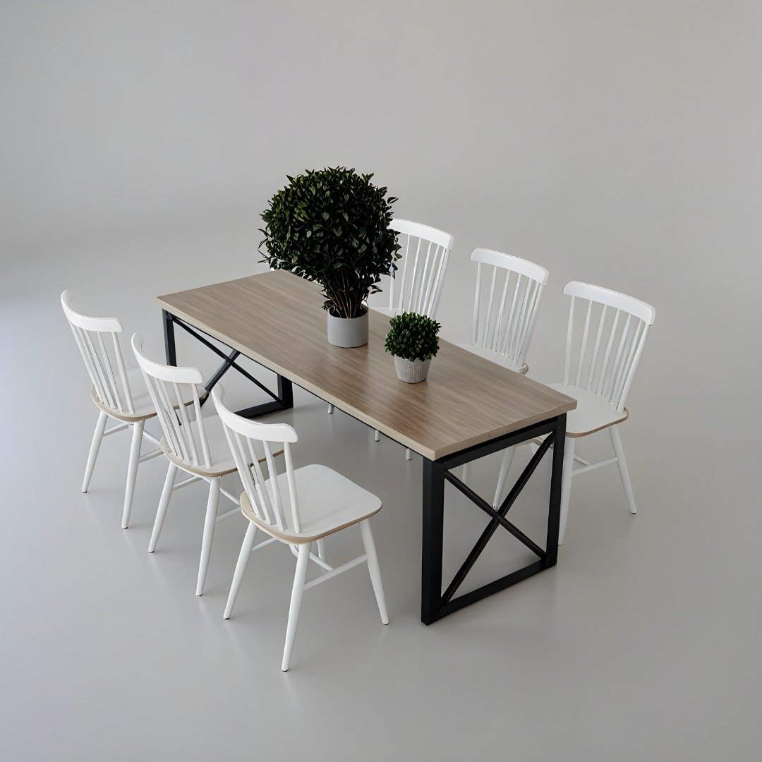 Dining table reference — Wood Table with White Chairs and Cross Legs