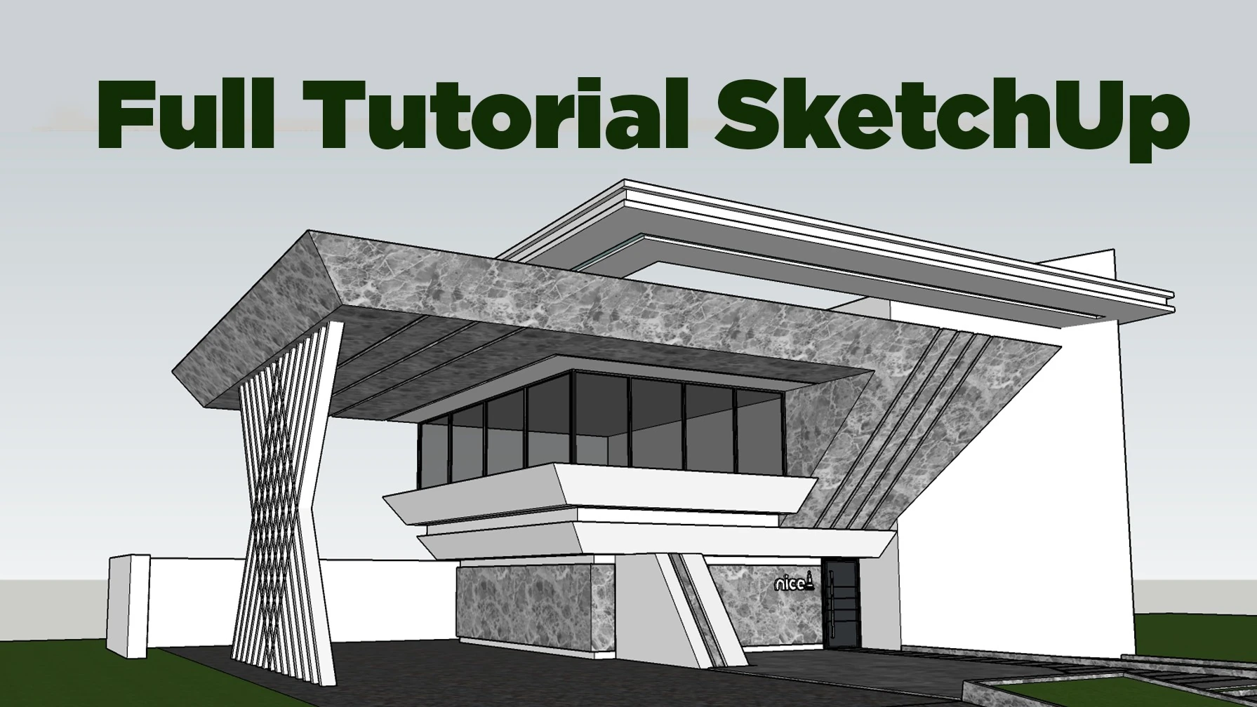 SketchUp workflow example showing a modern house model with facade materials