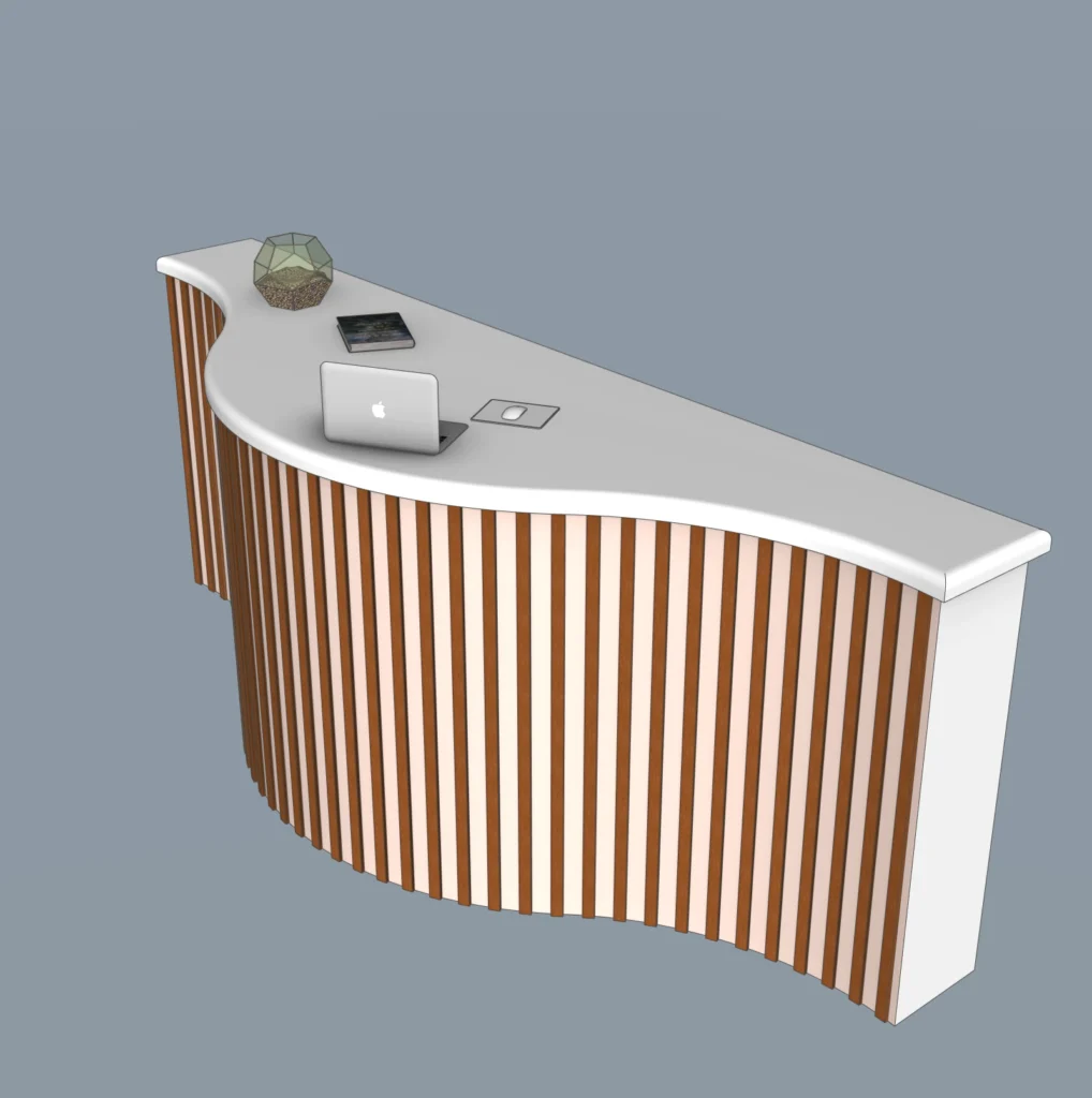 Modern Curved Reception Desk SketchUp Model 2020 – Wooden Slat Office Counter (Free)