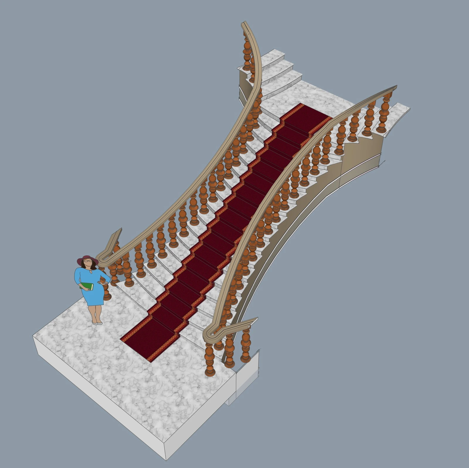 Curved Stair Carpet SketchUp Model – Luxury Red Carpet for Grand Staircases