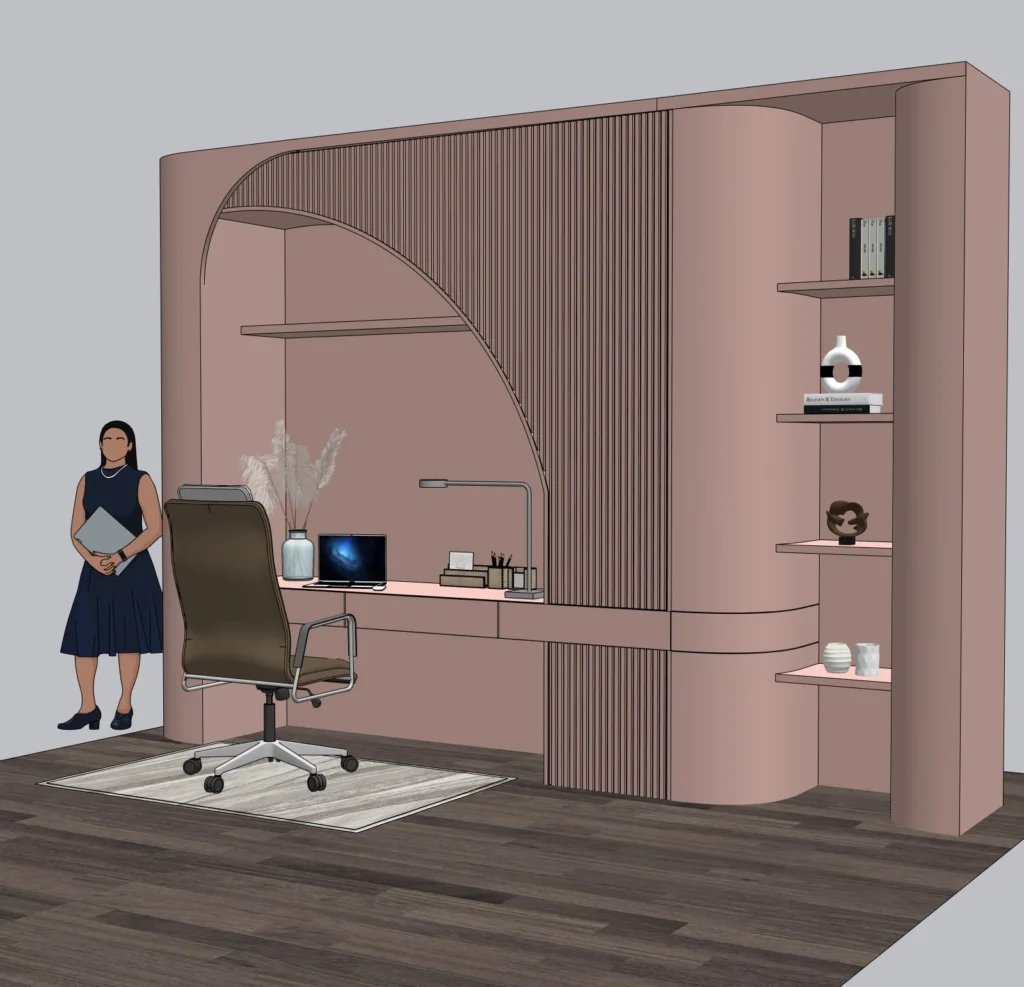 Modern Built-in Wall Desk SketchUp Model – Workspace Interior with Shelves and Storage (Premium)