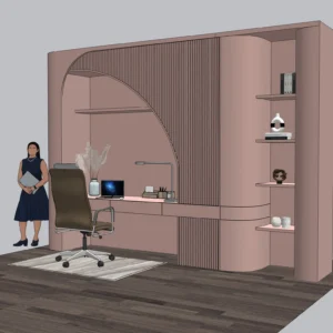 Modern Built-in Wall Desk SketchUp Model – Workspace Interior with Shelves and Storage (Premium)