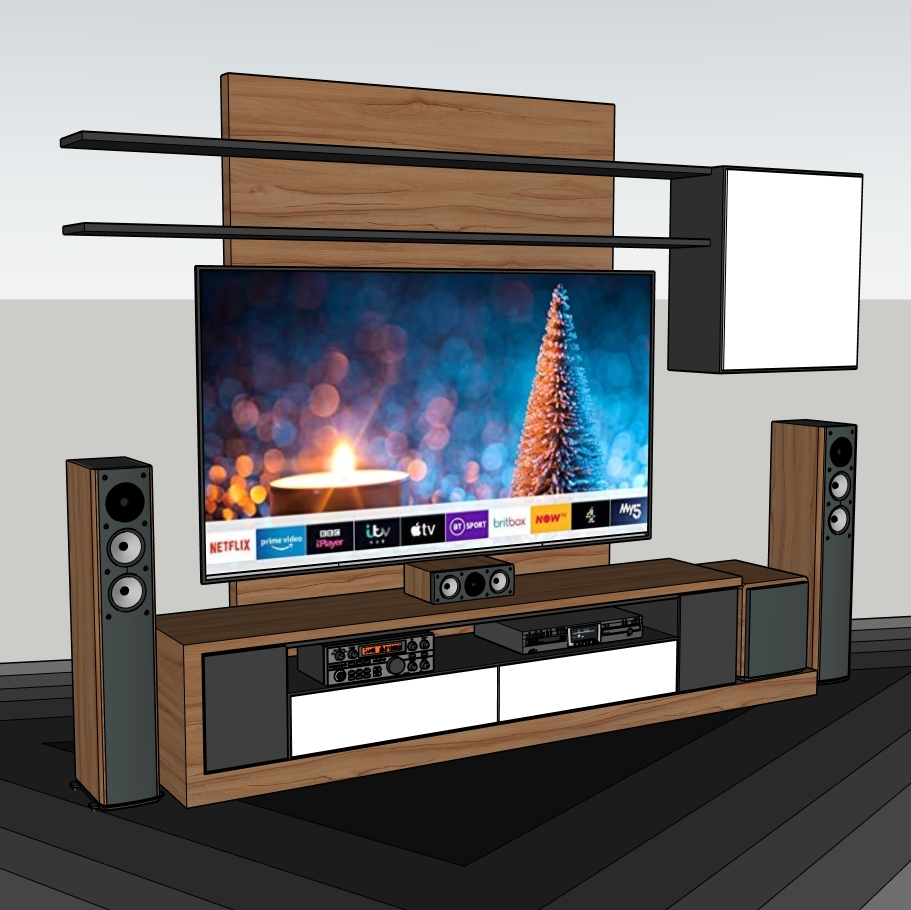 Modern Wall-Mounted TV Unit SketchUp Model – Floating Shelves & Storage Cabinets (Premium)