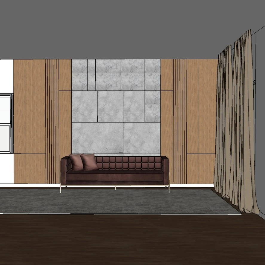 Modern Living Room Interior Scene 3D Model – Contemporary Wall Panel Design – SketchUp 2018