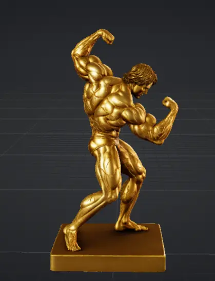 Hi3D AI golden muscular figure sculpture displayed on a pedestal in a dark 3D preview