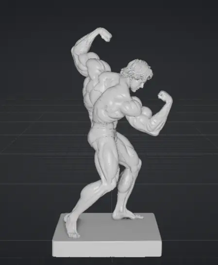 White and gray geometry view of a muscular figure sculpture on a dark grid