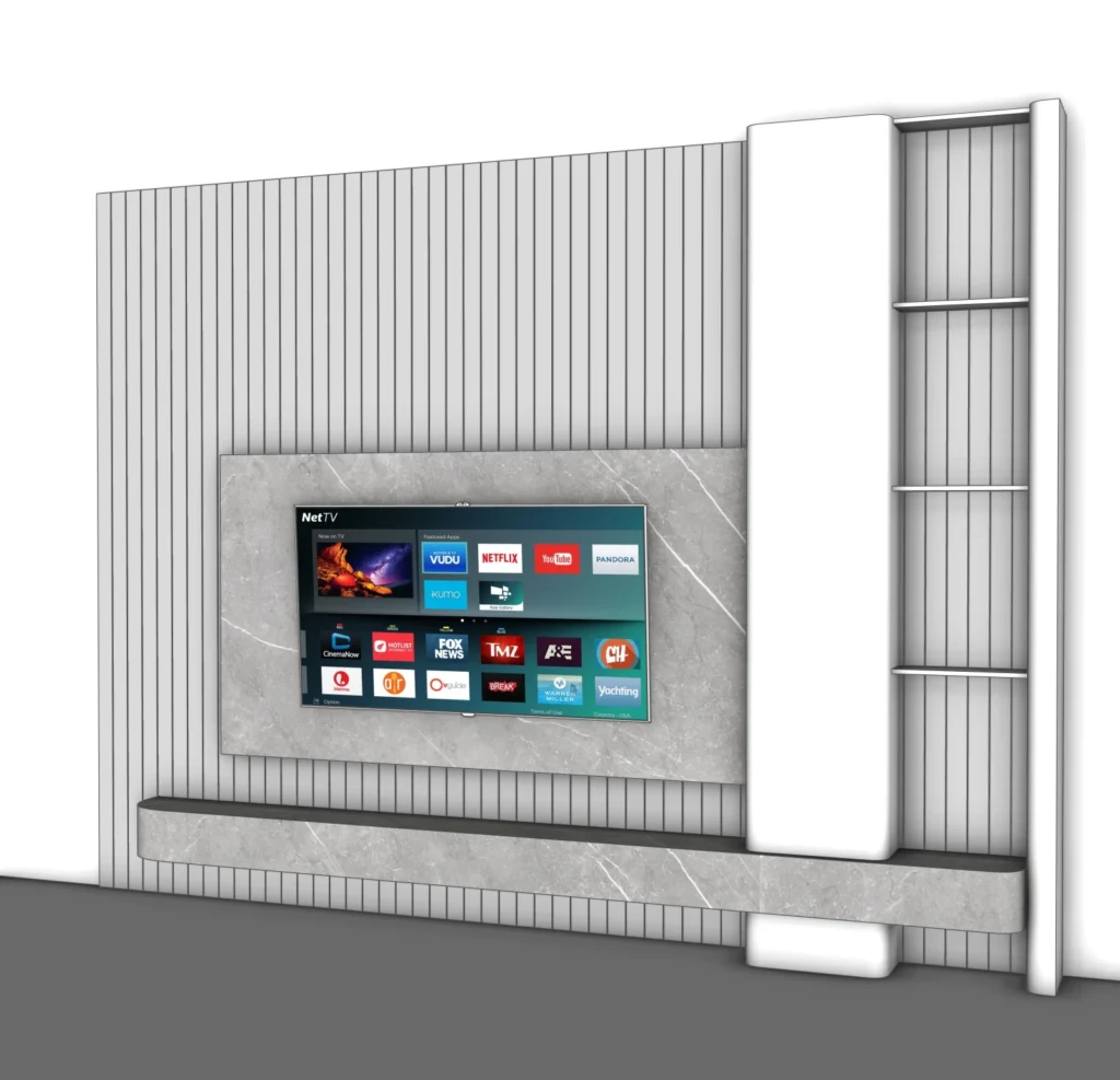 Modern Slatted TV Wall Panel SketchUp Model – Minimal Interior Feature Wall with Shelving