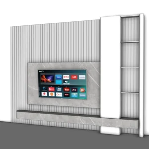 Modern Slatted TV Wall Panel SketchUp Model – Minimal Interior Feature Wall with Shelving