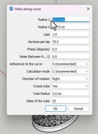 Helix Along Curve settings for radius, turns and tube geometry in SketchUp